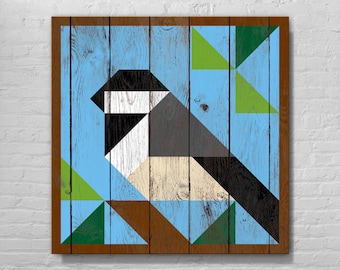 Chickadee Barn Quilt With Wood Effect, Large, Medium, Small, Vinyl On Aluminum, Outdoor Or Indoor, Many Patterns, Colors, Designs, Bird Art