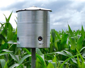 Large Grain Bin Bird Feeder, 3 Perch, Customizable with engraved metal plaque or custom vinyl decal