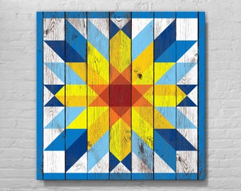 Sunflower Star Blue Bell Barn Quilt With Wood Effect, Large, Medium, Small, Vinyl, Aluminum, Outdoor, Indoor, Many Patterns, Colors, Designs