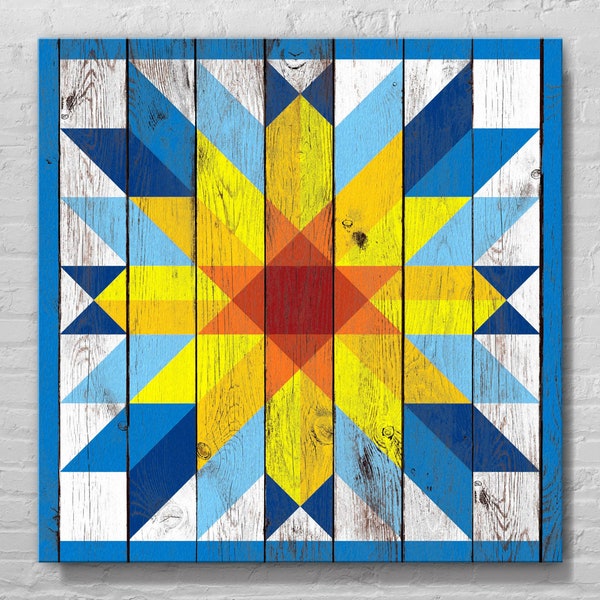Sunflower Star Blue Bell Barn Quilt With Wood Effect, Large, Medium, Small, Vinyl, Aluminum, Outdoor, Indoor, Many Patterns, Colors, Designs