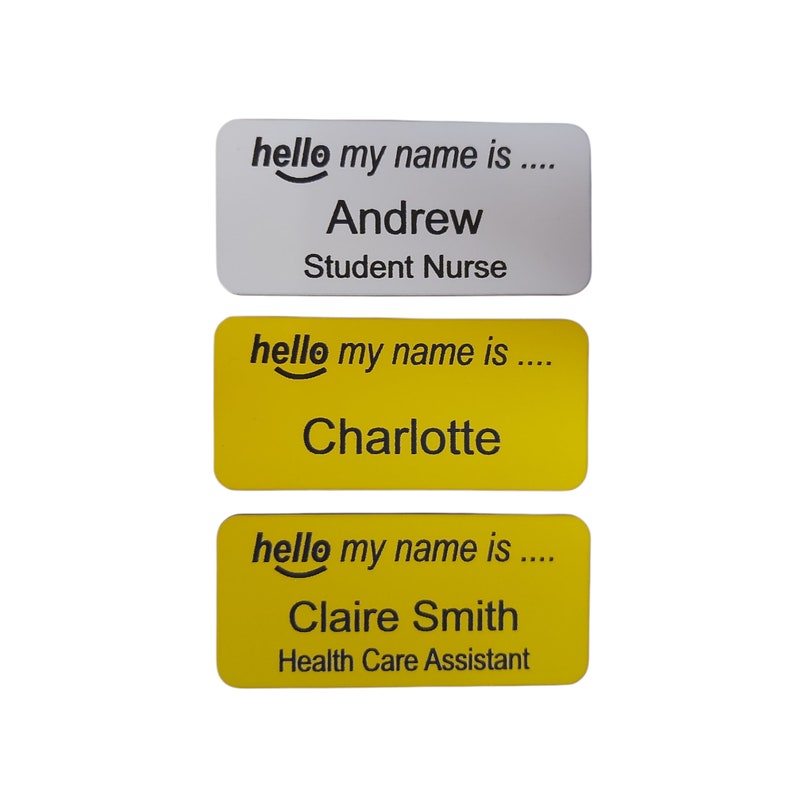 Hello my name is name badge, personalised acrylic engraved name badges with Pin , Magnetic , Crocodile clip image 1