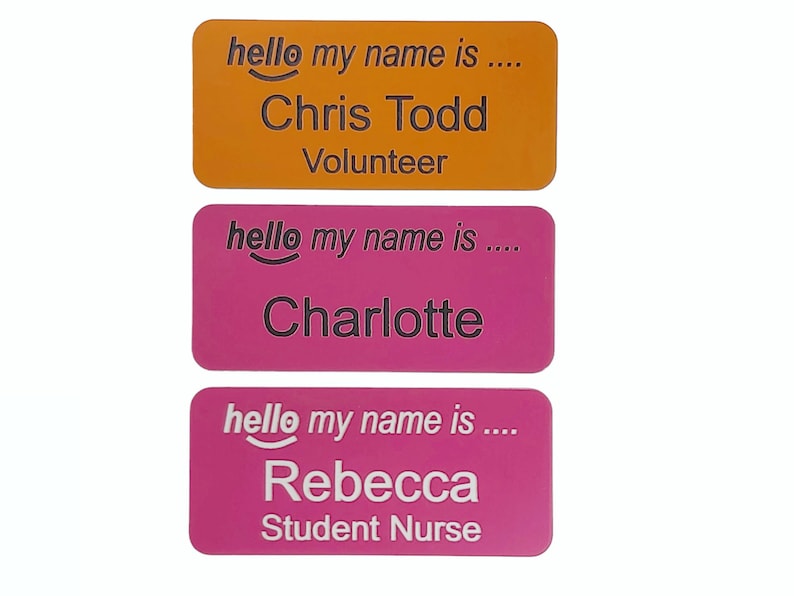 Hello my name is name badge, personalised acrylic engraved name badges with Pin , Magnetic , Crocodile clip image 2