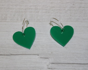 Heart earrings green laser cut acrylic with choice of loops and centre hanging holes