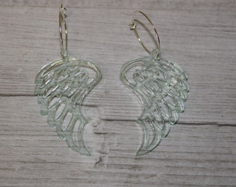 Angel wings earrings made from glass effect acrylic with choice of loop colours