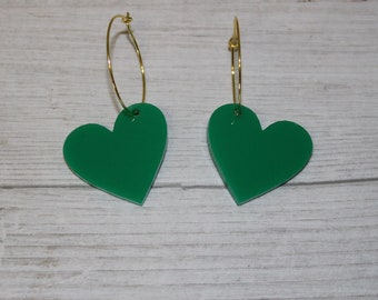 Heart earrings green laser cut acrylic with choice of loops and side hanging holes
