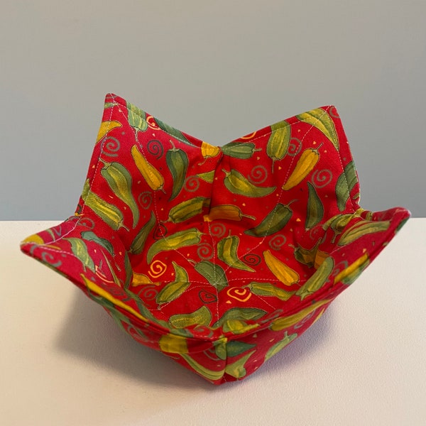 Microwaveable Bowl Holder - Hot peppers and swirls on red