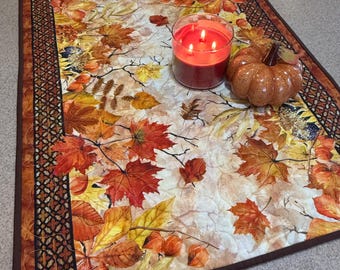 Table Runner, quilted, handmade - Fall leaves and flowers