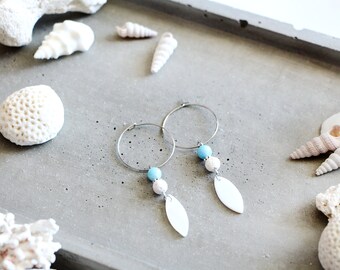 Azur earrings, silver stainless steel hoops, beads, blue, white, seashell charm, beach style, summer jewelry, for women