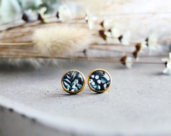Earrings Aurora, blue-green foliage graphic pattern and dark navy background, 10 mm stainless steel golden base, women's jewelry