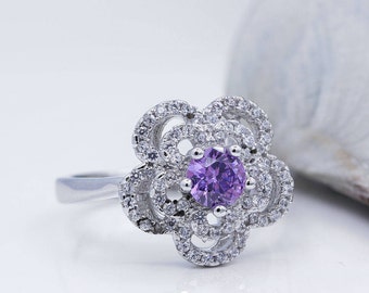 Floral Amethyst Silver Ring, Purple Zircon Ring, Silver with CZ Ring, Flower Ring, Birthday Ring, Lab Diamond Ring. Purple Stone Ring