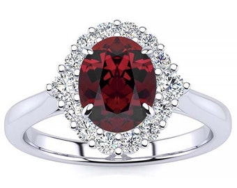 Debora 1.65CT Oval Garnet Rhodolite and Diamond Halo Vintage Engagement Ring in Platinum or 10K, 14K, 18K White Gold, Yellow Gold, Rose Gold