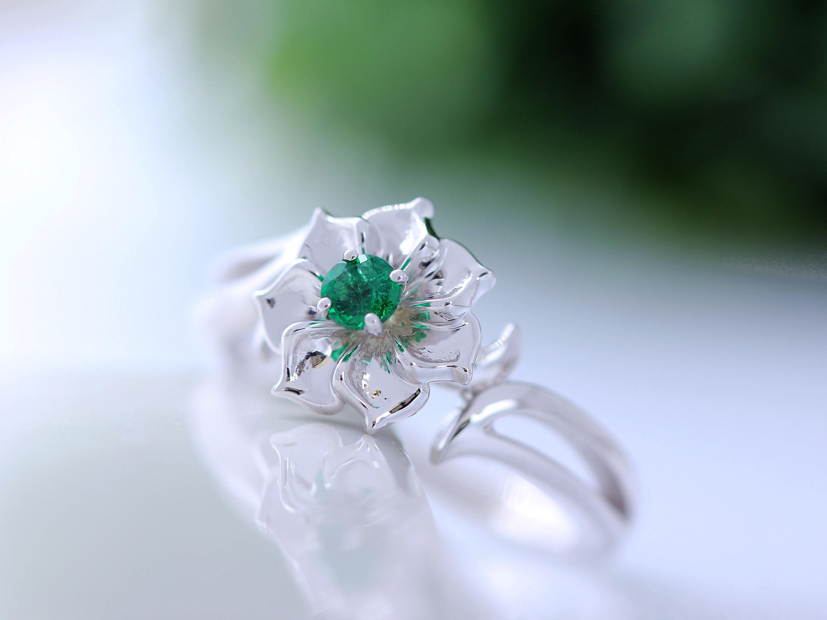 Emerald flower cheap engagement ring