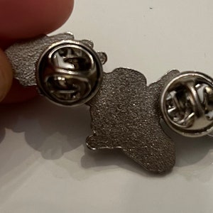 Puede incluir: Pin de metal plateado con un dise&ntilde;o detallado. La parte posterior del pin tiene dos cierres de metal.