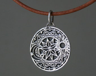 Chain sun moon stars, handmade pendant, silver chain, silver pendant, 925 sterling silver and 925 sterling silver, leather chain