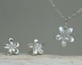 Schmuck-Set "kleine Blume" Ohrringe und Kette,  Ohrstecker Blume, Anhänger Blume, 925 Silber, im Set oder einzeln, Silberblumen, Schmuckset