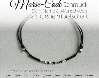 Armband - MORSE-CODE mit Wunsch-Name oder Lieblings-Wort - größenverstellbar - dünnes Armband mit 925er Silber Perlen - Freundschaftsarmband