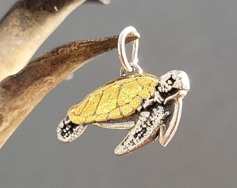 Turtle necklace, sea turtle pendant, recycled 925 silver with 24 carat gold plating, sea turtle pendant with gold shell