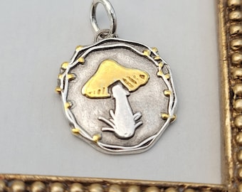 Lucky charm necklace, lucky mushroom pendant, small mushroom, 925 silver 24K gold, lucky necklace, silver and gold