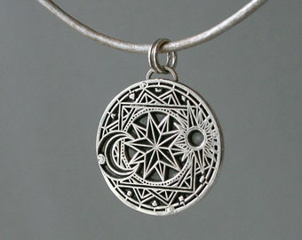 Chain sun moon stars, handmade pendant, silver chain, silver pendant, 925 sterling silver and 925 sterling silver, leather chain