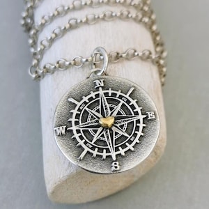 Compass pendant with heart, handmade necklace with compass, pendant made of recycled 925 sterling silver, with silver chain or leather chain