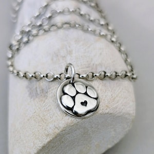 Pata de corrente com coração, pingente feito de prata esterlina 925, pata de cachorro, pata de gato, corrente, pingente de corrente de cachorro e gato, prata