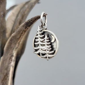 May include: A silver charm with a detailed design of two pine trees and a crescent moon. The charm is round and has a textured surface.
