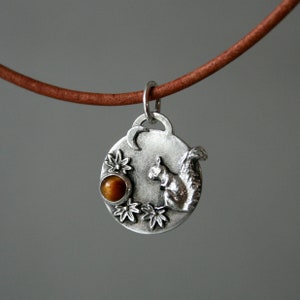 Squirrel necklace with tiger eye, silver necklace with squirrel, small squirrel in hazel bush, 925 silver with gemstone, brown