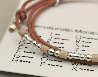 Leather bracelet - MORSE CODE with desired name, adjustable size, bracelet with leather strap and 925 silver beads, friendship bracelet