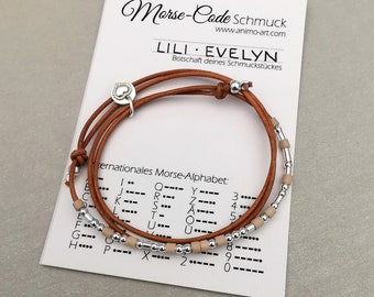 Leather bracelet - MORSE CODE with desired name, adjustable size, bracelet with leather strap and 925 silver beads, friendship bracelet