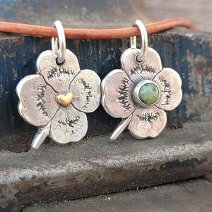 Necklace pendant lucky clover with heart recycled silver, gold plating, handmade