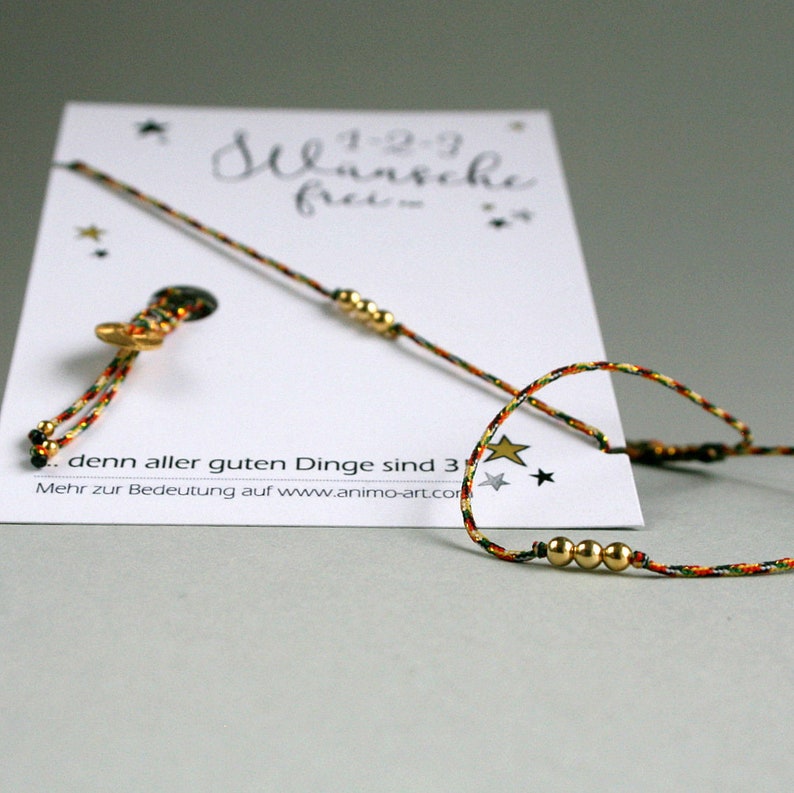 Bracelet 3 wishes free, customizable, personalizable, textile bracelet with three golden beads, gold, wish bracelet, color to choose from image 1