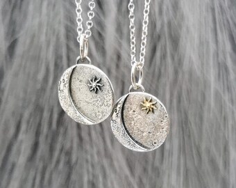 Silver moon and sun pendant, silver chain, pendant with moon and sun, crescent moon, half moon, moon necklace 925 silver, moon children, necklace