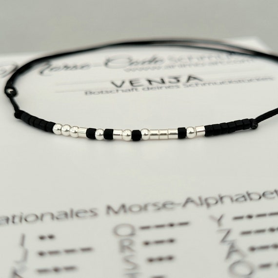 Bracciale Segreto In Codice Morse Con Perline D'Argento E Cordino Di Seta - Lunghezza 28 Cm Regolabile, Gioiello Con Messaggio