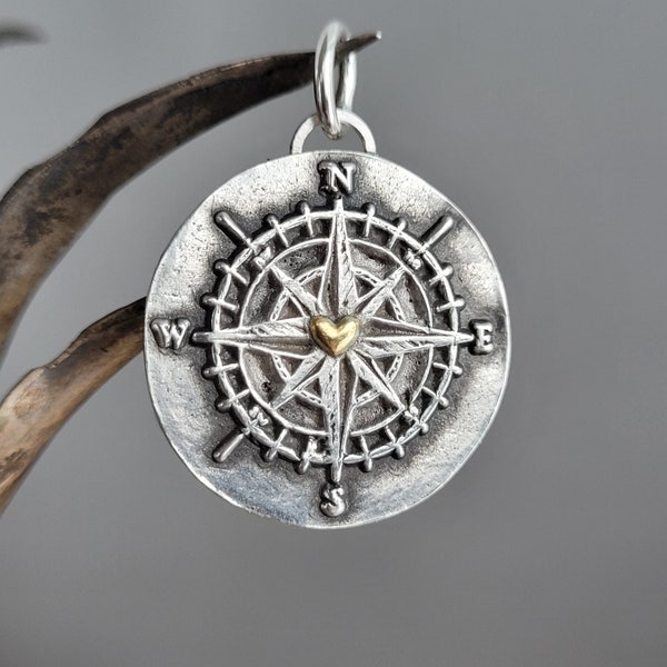 Pendentif boussole avec coeur, collier fait main avec boussole, pendentif en argent sterling 925 recyclé, avec chaîne en argent ou chaîne en cuir