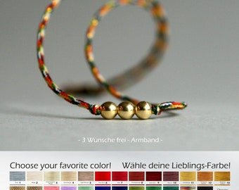 Bracelet 3 wishes free, customizable, personalizable, textile bracelet with three golden beads, gold, wish bracelet, color to choose from