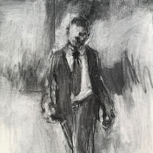 May include: Charcoal drawing of a person in a suit and tie, walking towards the viewer. The artwork is rendered in shades of gray and black, with a focus on the figure's form and the play of light and shadow. The style is expressive and suggestive.