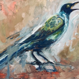 May include: A painting of a blue and green bird with its beak open, set against a background of brown, pink, and white paint strokes.