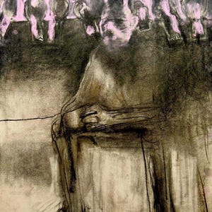 May include: A charcoal drawing depicts a seated figure with a blurred face and legs. The artwork uses dark and light shades of gray and brown. Above the figure, a row of bird-like shapes are perched on a ledge, with a pinkish hue.