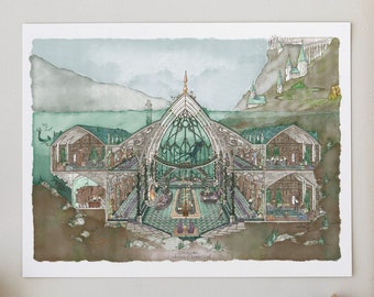 Peut inclure: Impression aquarelle d'une illustration architecturale détaillée d'un bâtiment à façade vitrée, sur fond de paysage côtier. L'œuvre est entourée d'aiguilles à tricoter, de fil et de bobines, suggérant un thème artisanal.