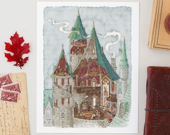 May include: An illustration of a detailed castle with green and red turrets, smoke, and interior details. The image is next to a pair of round glasses, a book, a journal, a red leaf, and a vintage postcard with stamps.