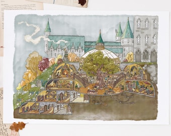 May include: Watercolor illustration of a fantasy village with detailed interior views of the buildings. The artwork features a castle in the background, with autumn foliage and a vintage envelope and wax seal.