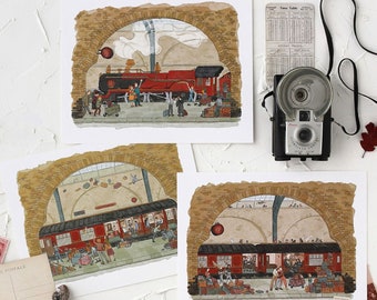 Peut inclure: Trois illustrations à l'aquarelle d'un train rouge dans une gare. La première image montre le train qui arrive en gare. La deuxième image montre le train arrêté en gare avec des gens qui montent et descendent. La troisième image montre le train qui quitte la gare.
