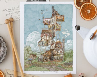 May include: A watercolor illustration of a multi-level house with a whimsical design. The house is filled with details and characters, creating a sense of wonder and imagination. The illustration is set against a backdrop of a blue sky with fluffy clouds.