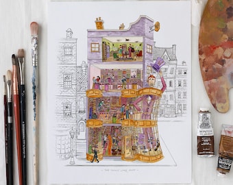 Peut inclure: Une illustration colorée d'un bâtiment avec un homme en costume violet et un haut-de-forme debout dans l'entrée. Le bâtiment est coupé pour révéler l'intérieur, qui est rempli de personnes et d'objets. Le texte "The Magic Shop" est imprimé en bas de l'image.