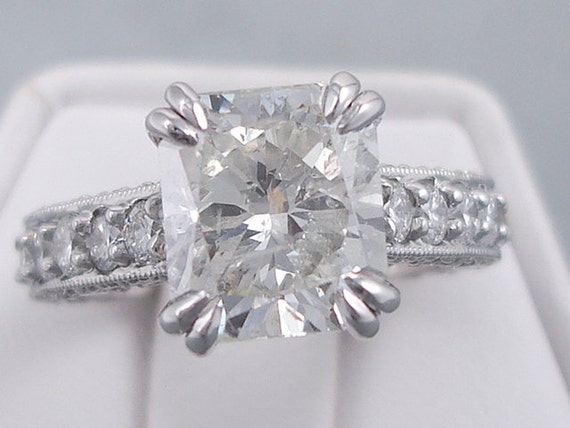 Radiant Cut 4.08ct Diamond Ring: 14k White Gold, Milgrain Band
