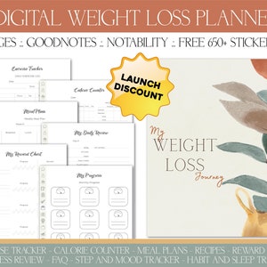 May include: Digital weight loss planner with 52 pages, compatible with GoodNotes and Notability. Includes an exercise tracker, calorie counter, meal plans, and a reward chart. Features the text "My Weight Loss Journey" and a "Launch Discount" badge.