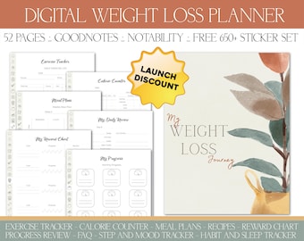 Digital Weight Loss Planner for Goodnotes & Notability Hyperlinked | Exercise Mood Step Habit Tracker | Calorie Counter | Wellness
