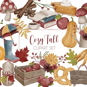 Acquerello Cozy Fall Clipart Set / Download immediato PNG / Foglie autunnali Zucca Spice Latte Raccolta Fungo Mela Candela Ringraziamento
