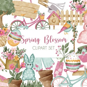 Watercolor Spring Blossom Clipart Set | Instant Download PNG | Flower Bloom Gardening Easter Picnic Bicycle Nature