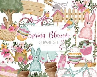 Puede incluir: Un conjunto de clipart digital con temática de flor de primavera. El conjunto incluye una bicicleta rosa, una casita para pájaros, un conejito rosa, una regadera, una maceta, un pastel, un columpio, un pájaro, un letrero, un huevo y una bicicleta. El conjunto es perfecto para crear manualidades, tarjetas e invitaciones con temática primaveral.